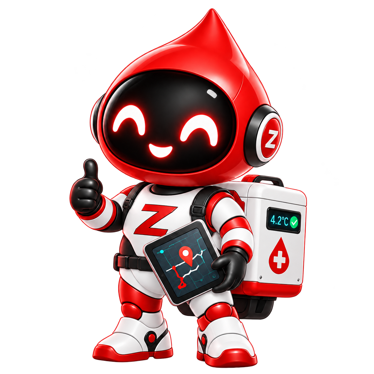 ZO-E mascot with a tracking tablet and cold-chain container